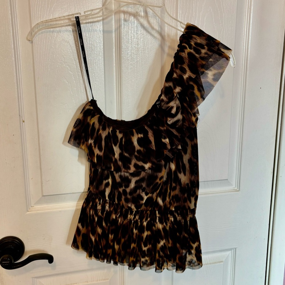 One-Shoulder Leopard Ruffle Top - Brown/Black, Size Small